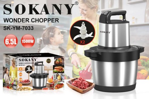 ⁦Sokany Meat Chopper SK-7033 , 1500W , 6.5L Stainless Steel Bowl , 4 Stainless Steel Blades⁩ - الصورة ⁦2⁩