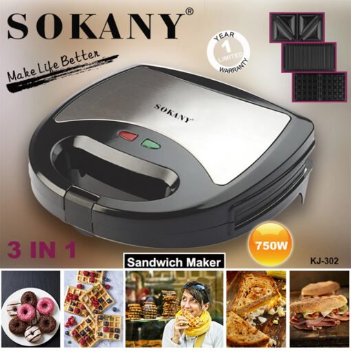 Sokany Sandwich Maker KJ-302 ,  3in1 Waffle , Grill , Sandwich , 750W - Image 5