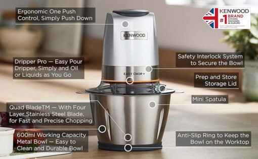 Kenwood Chopper CHP62.700SI , 500W , 600ml Stainless Steel Bowl , 4 Stainless Steel Blades - Image 7
