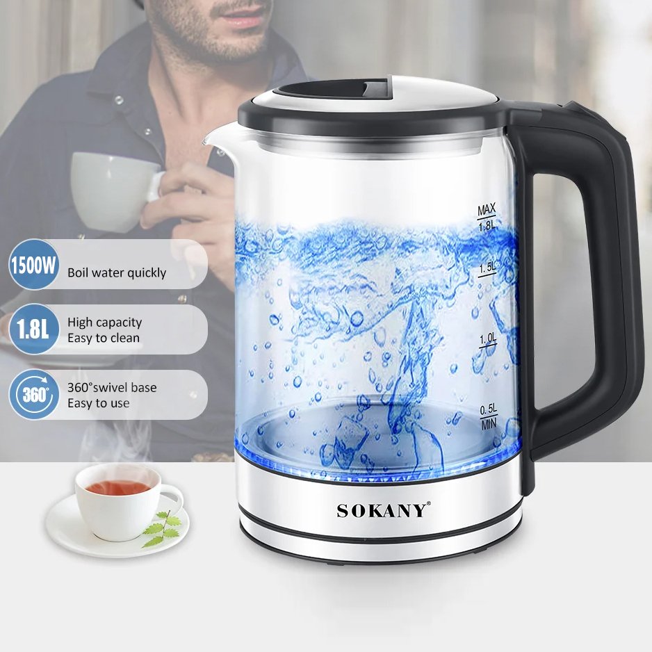 Sokany Glass Kettle SK-09012 , 1500W , 1.8L - الصورة 2