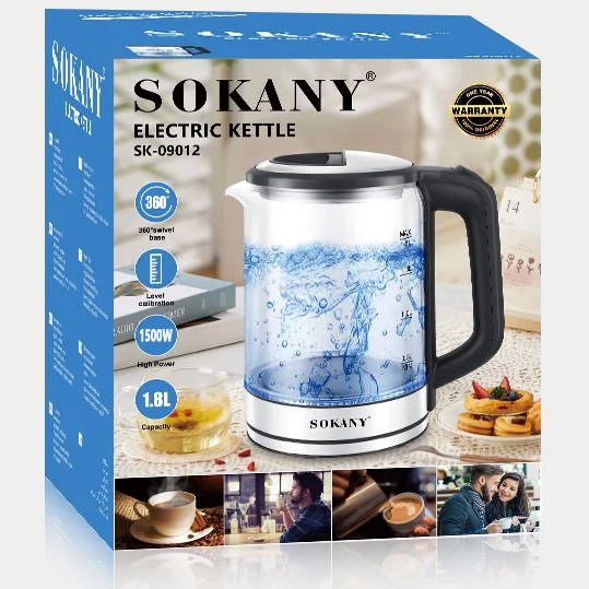 Sokany Glass Kettle SK-09012 , 1500W , 1.8L - الصورة 3