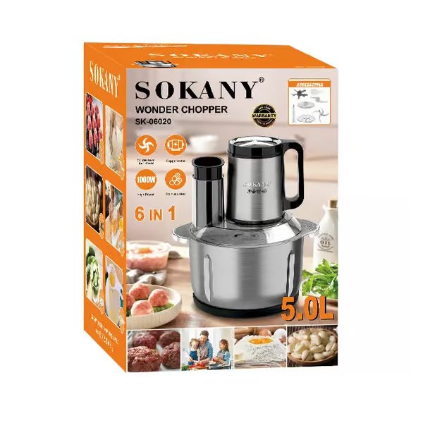 Sokany Meat Chopper SK-06020 , 1000W , 5L Stainless Steel Bowl , 6in1 , 6 Stainless Steel Blades - الصورة 5