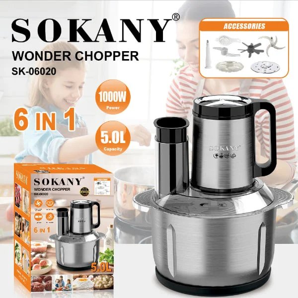 Sokany Meat Chopper SK-06020 , 1000W , 5L Stainless Steel Bowl , 6in1 , 6 Stainless Steel Blades - الصورة 4