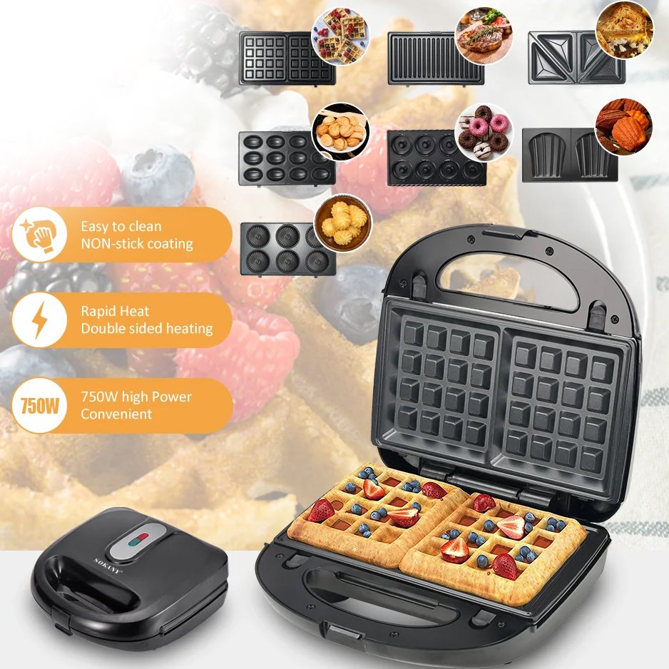 Sokany Sandwich Maker KJ-907 ,7in1 Waffle ,Grill ,Sandwich ,Donuts ,Ice Cone ,Josie ,Maamoul ,750W - Image 4